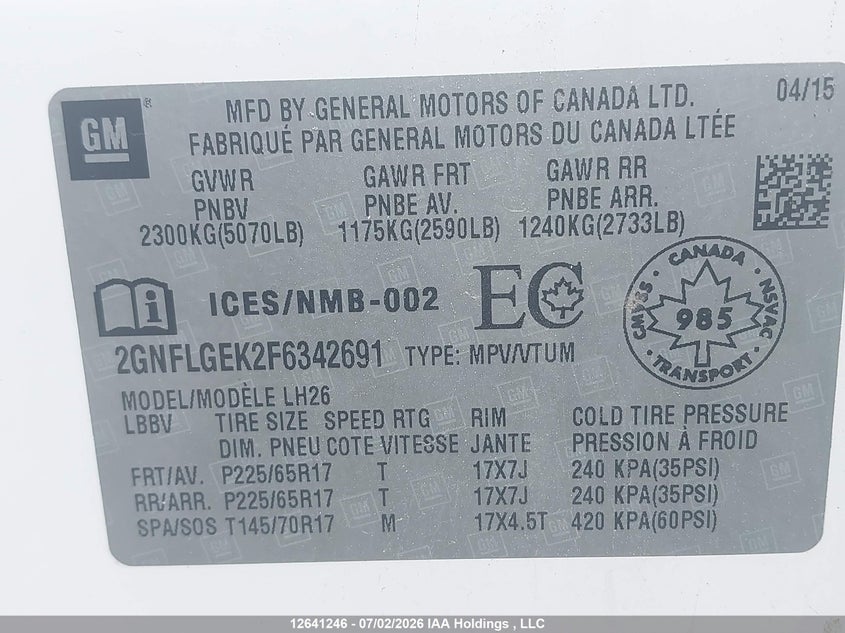 2015 CHEVROLET EQUINOX SPORT UTILITY VEHICLE 2.4L I4 FI DOHC 16V NF4
