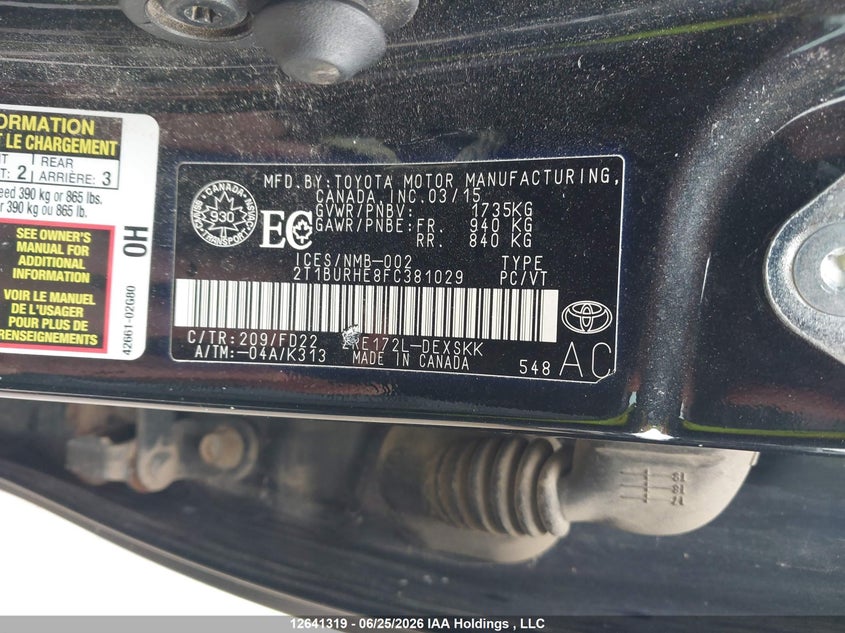 2015 TOYOTA COROLLA SEDAN 1.8L I4 FI DOHC 16V NF4