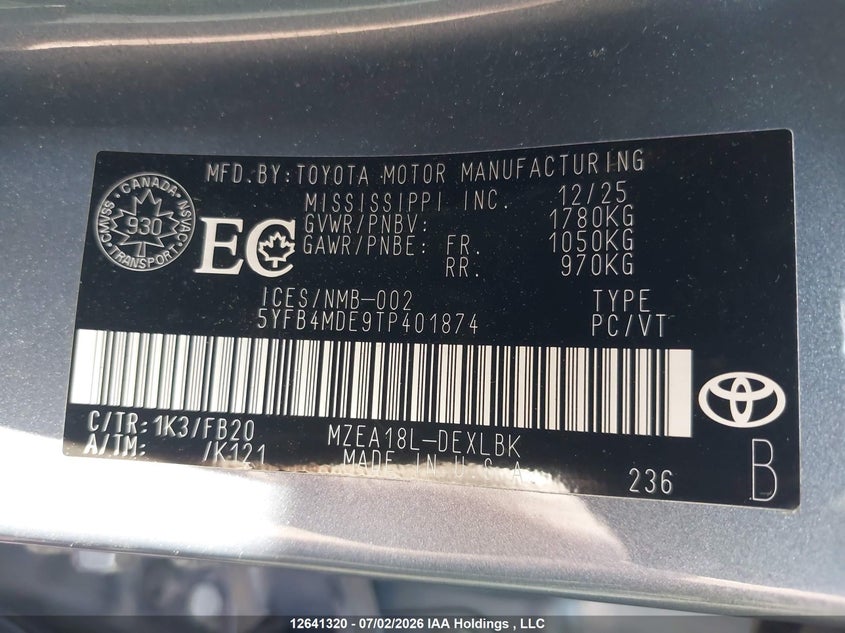 2026 TOYOTA COROLLA SEDAN 2.0L I4 FI DOHC 16V NF4
