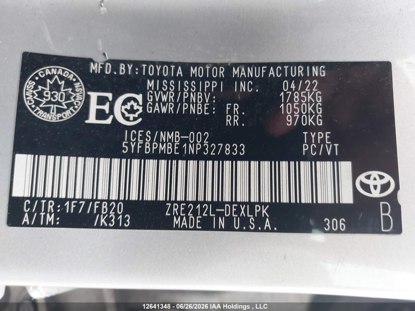 2022 TOYOTA COROLLA SEDAN 1.8L I4 N