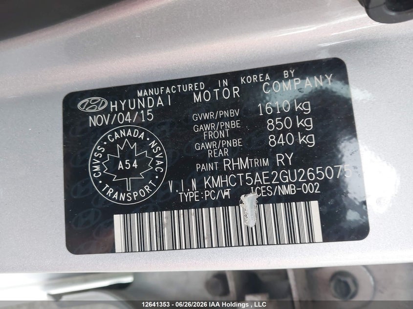 2016 Hyundai Accent VIN: KMHCT5AE2GU265075 Lot: 12641353