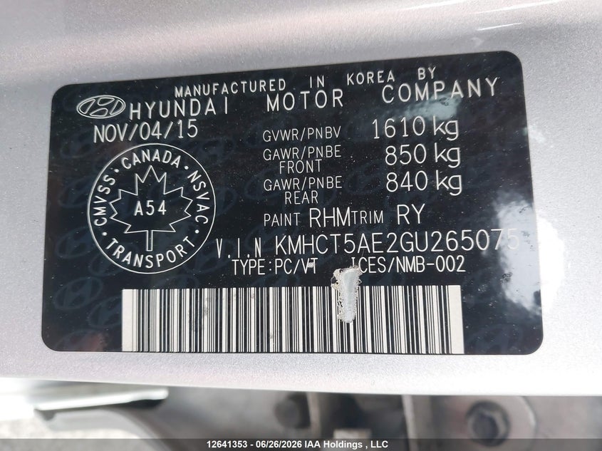 2016 Hyundai Accent VIN: KMHCT5AE2GU265075 Lot: 12641353