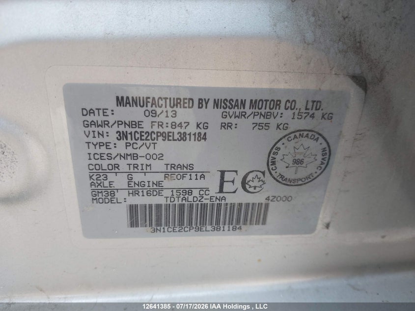 2014 NISSAN VERSA HATCHBACK 1.6L I4 FI DOHC 16V NF4