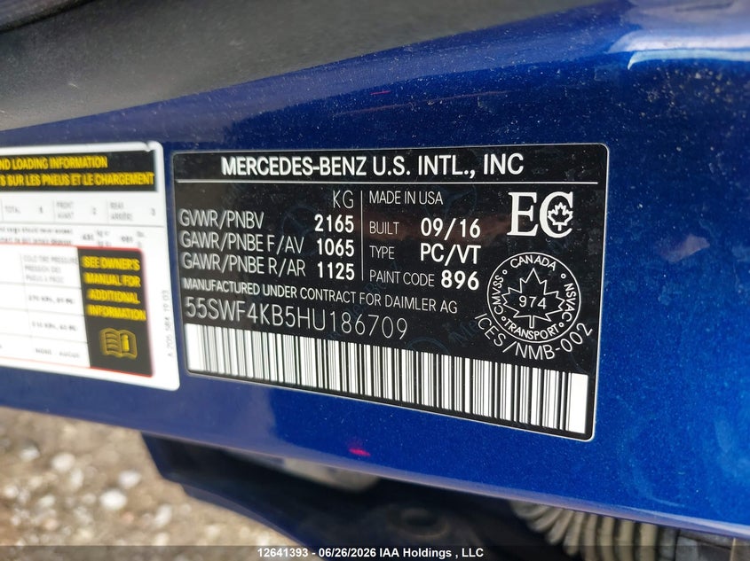 2017 Mercedes-Benz C 300 4Matic VIN: 55SWF4KB5HU186709 Lot: 12641393