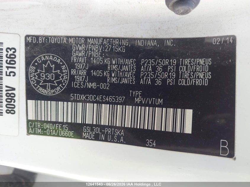 2014 Toyota Sienna Se 8 Passenger VIN: 5TDXK3DC4ES465397 Lot: 12641543