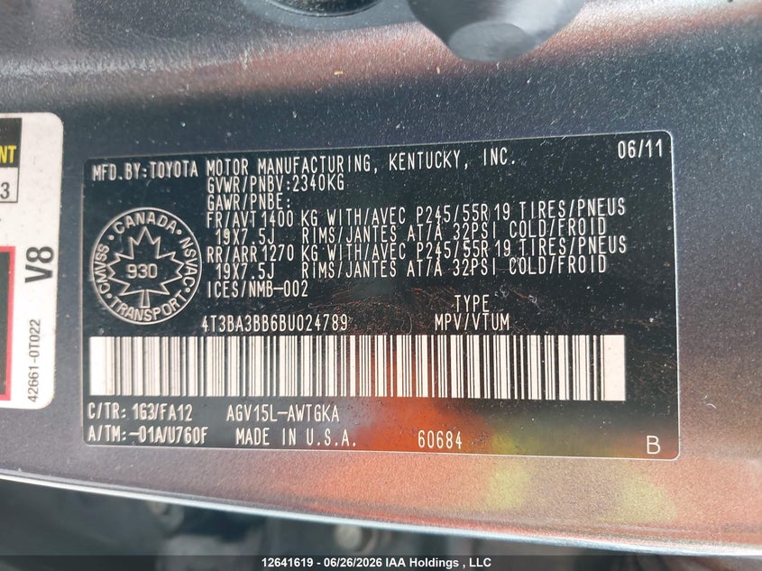 2011 TOYOTA VENZA SPORT UTILITY VEHICLE 2.7L I4 FI DOHC 16V NF4