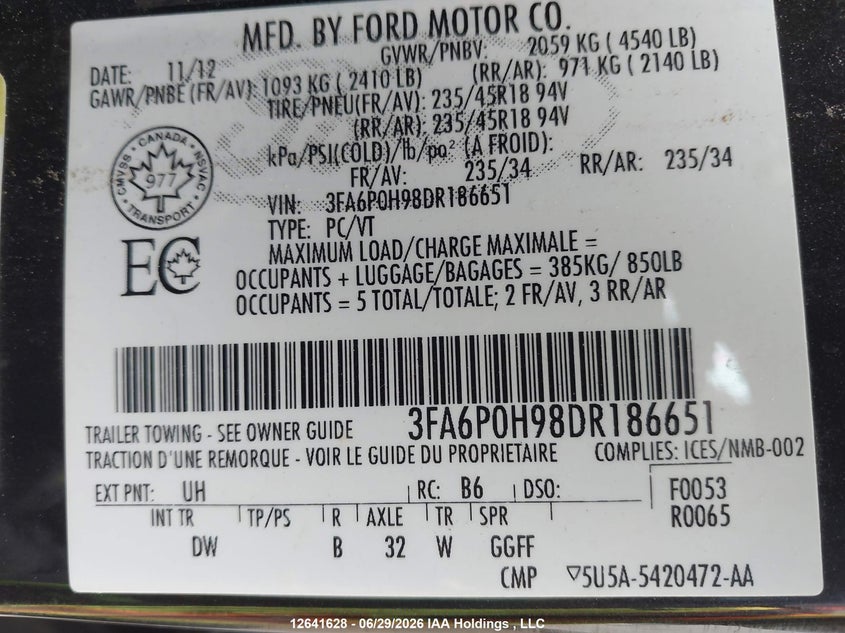 2013 Ford Fusion Se VIN: 3FA6P0H98DR186651 Lot: 12641628