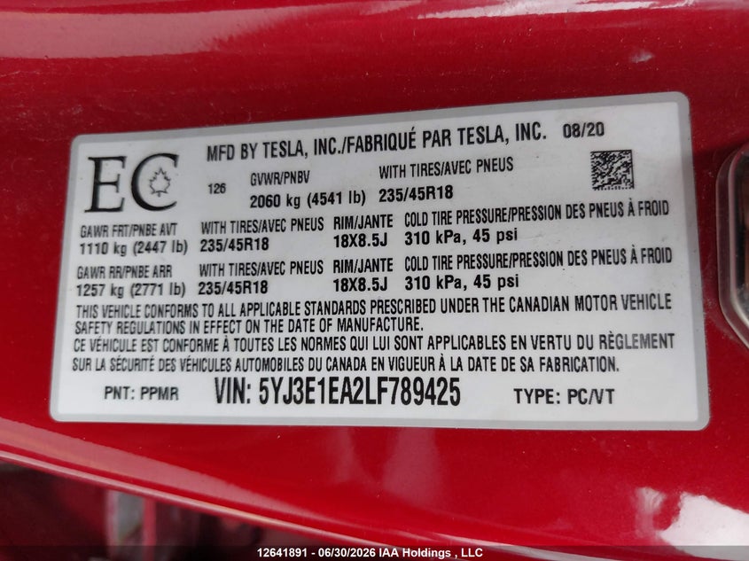 2020 Tesla Model 3 Standard Range Plus VIN: 5YJ3E1EA2LF789425 Lot: 12641891