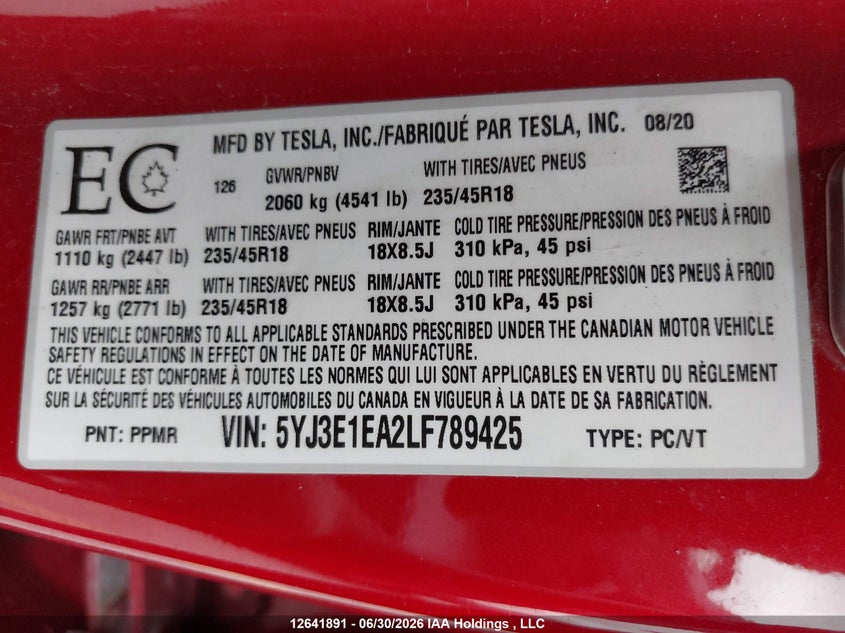 2020 Tesla Model 3 Standard Range Plus VIN: 5YJ3E1EA2LF789425 Lot: 12641891