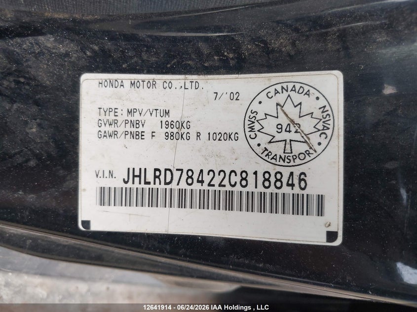 2002 Honda Cr-V Lx VIN: JHLRD78422C818846 Lot: 12641914
