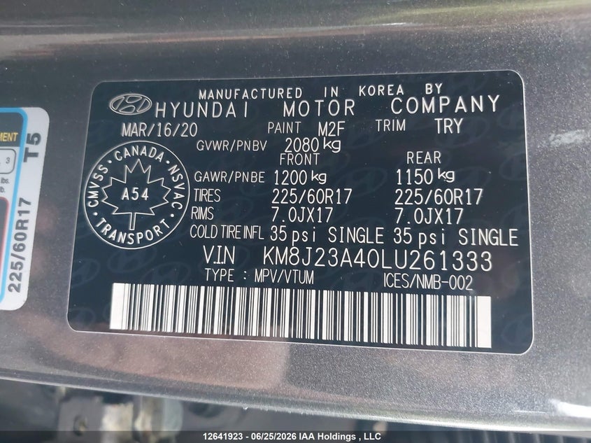 2020 Hyundai Tucson Se VIN: KM8J23A40LU261333 Lot: 12641923