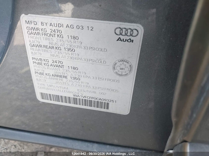 2012 Audi Q5 2.0T Premium Plus VIN: WA1VFCFP0CA093251 Lot: 12641942