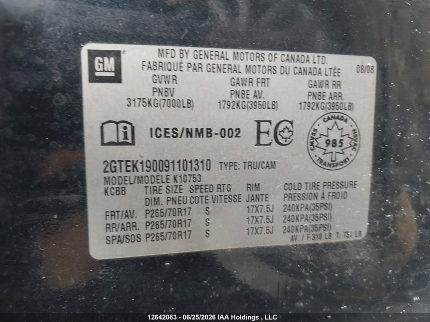 2009 GMC Sierra 1500 Sle/Slt/Wt VIN: 2GTEK190091101310 Lot: 12642083