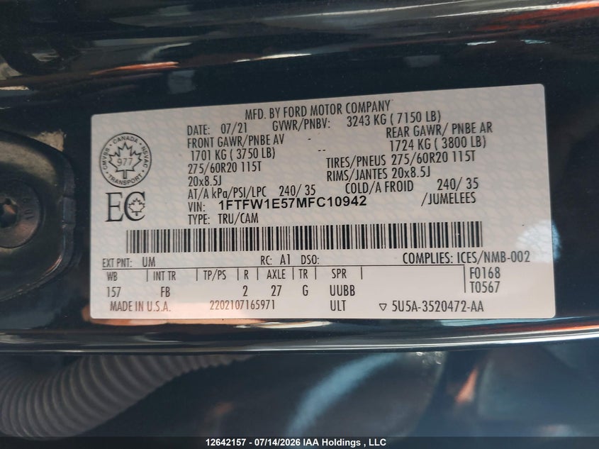 2021 Ford F-150 VIN: 1FTFW1E57MFC10942 Lot: 12642157