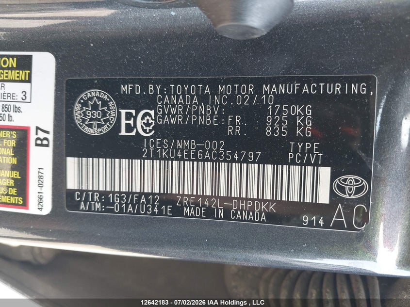 2010 TOYOTA MATRIX SEDAN 1.8L I4 FI DOHC 16V NF4