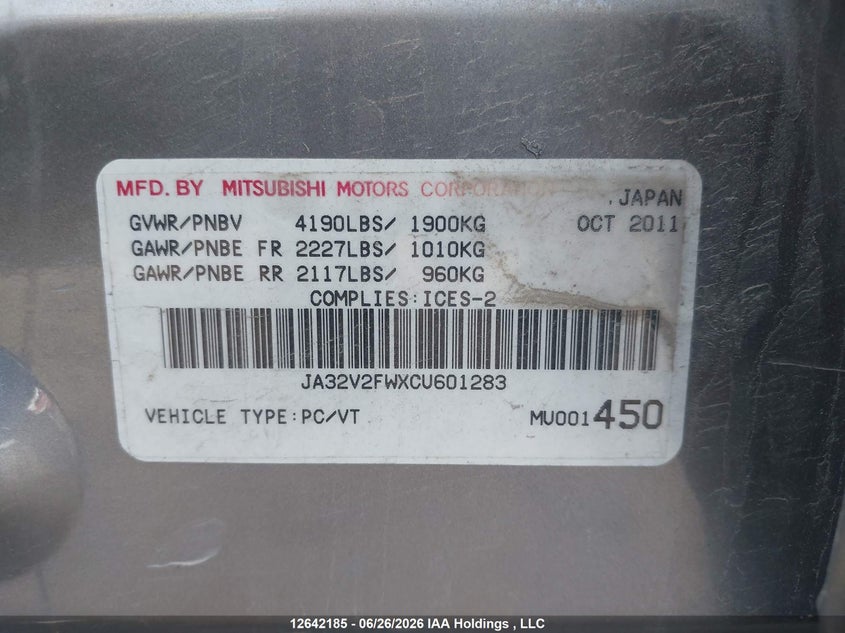 2012 Mitsubishi Lancer Se VIN: JA32V2FWXCU601283 Lot: 12642185