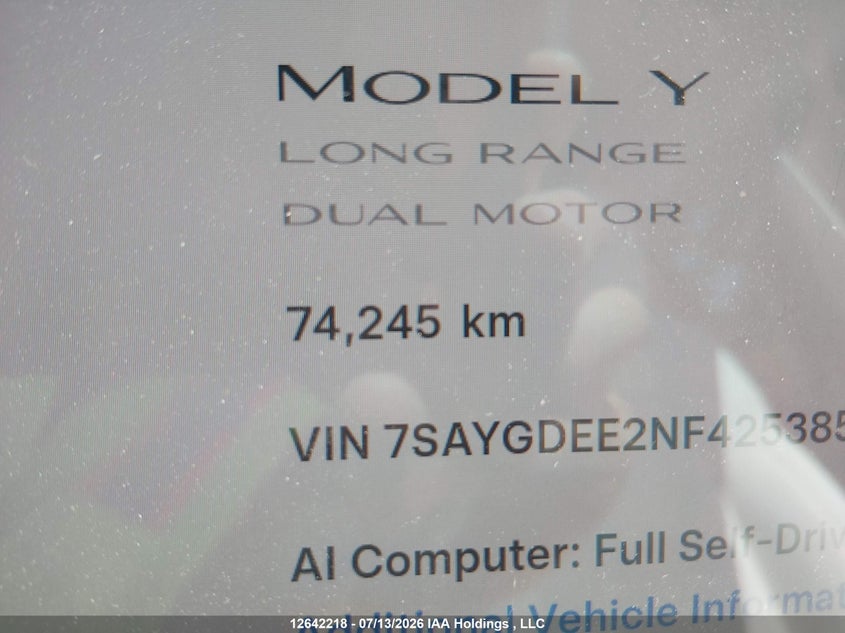 2022 Tesla Model Y Long Range VIN: 7SAYGDEE2NF425385 Lot: 12642218