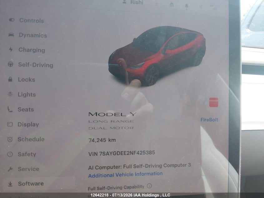 2022 Tesla Model Y Long Range VIN: 7SAYGDEE2NF425385 Lot: 12642218