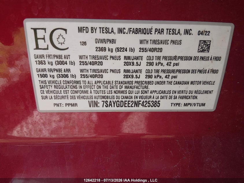 2022 Tesla Model Y Long Range VIN: 7SAYGDEE2NF425385 Lot: 12642218