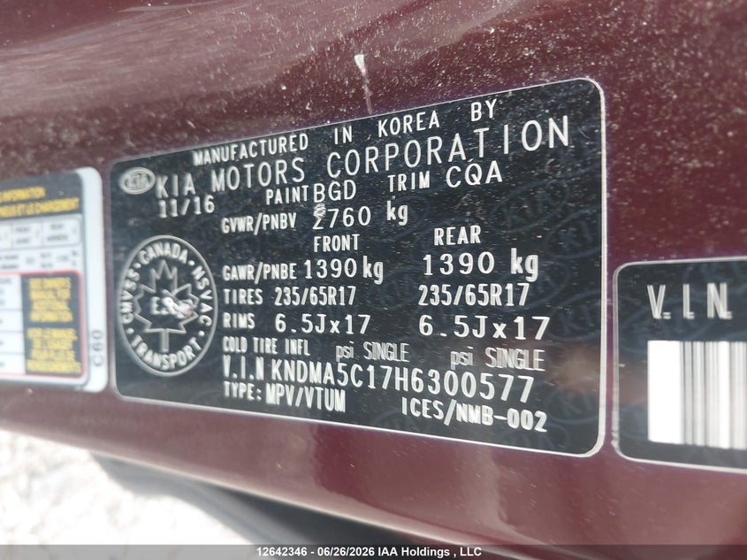 2017 KIA SEDONA VAN 3.3L V-6 DI, DOHC, VVT, 276HP