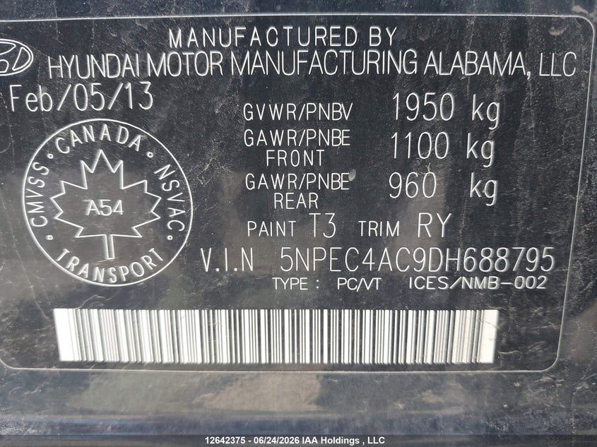 2013 HYUNDAI SONATA SEDAN 2.4L I-4 DI, DOHC, VVT, 200HP
