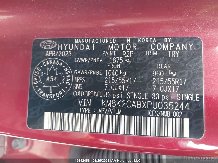 2023 Hyundai Kona Se VIN: KM8K2CABXPU035244 Lot: 12642456