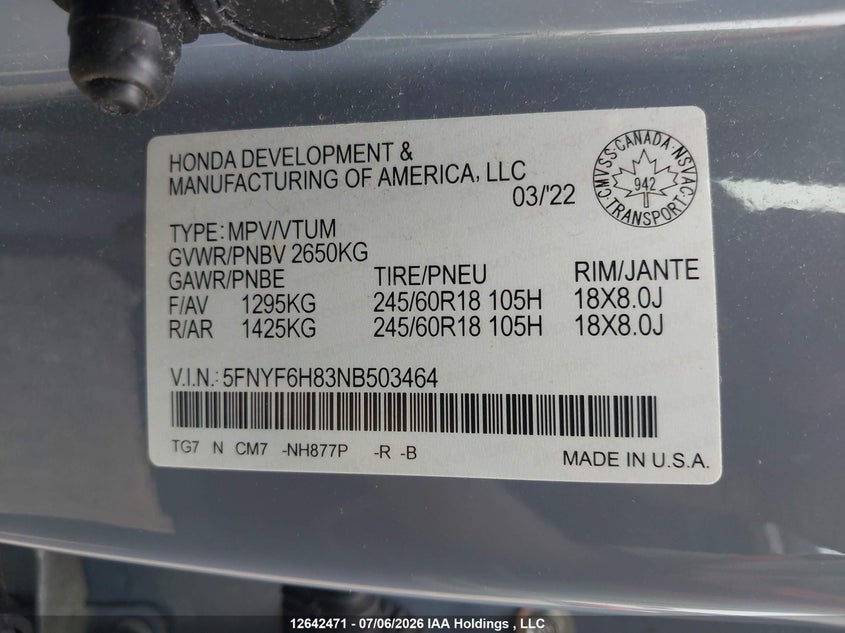 2022 HONDA PILOT SPORT UTILITY VEHICLE 3.5L V-6 DI, VVT, 280HP