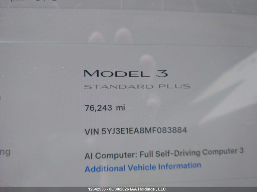2021 Tesla Model 3 Standard Range/Standard Range Plus VIN: 5YJ3E1EA8MF083884 Lot: 12642536