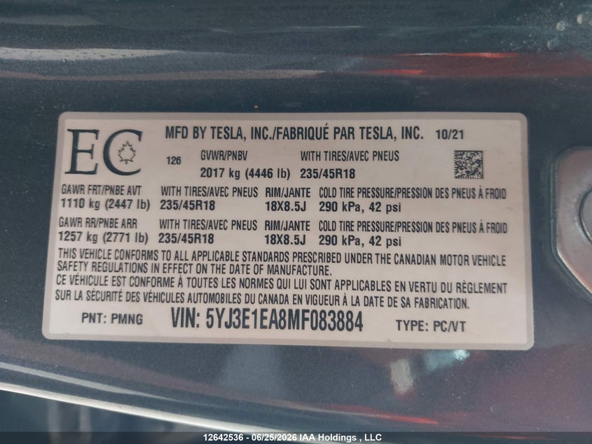 2021 Tesla Model 3 Standard Range/Standard Range Plus VIN: 5YJ3E1EA8MF083884 Lot: 12642536