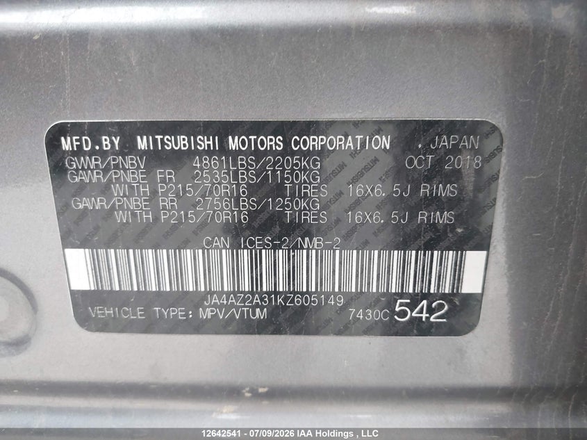 2019 Mitsubishi Outlander VIN: JA4AZ2A31KZ605149 Lot: 12642541