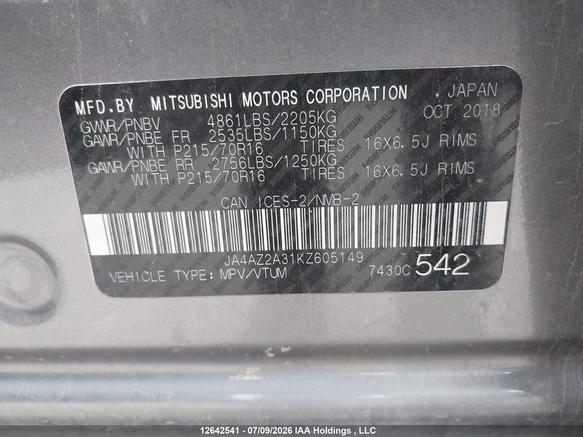 2019 Mitsubishi Outlander VIN: JA4AZ2A31KZ605149 Lot: 12642541