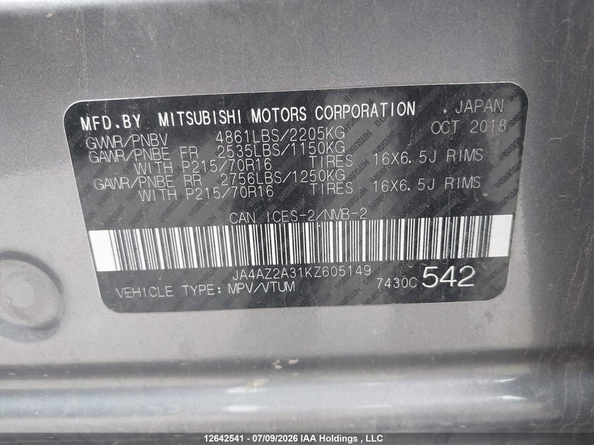 2019 Mitsubishi Outlander VIN: JA4AZ2A31KZ605149 Lot: 12642541