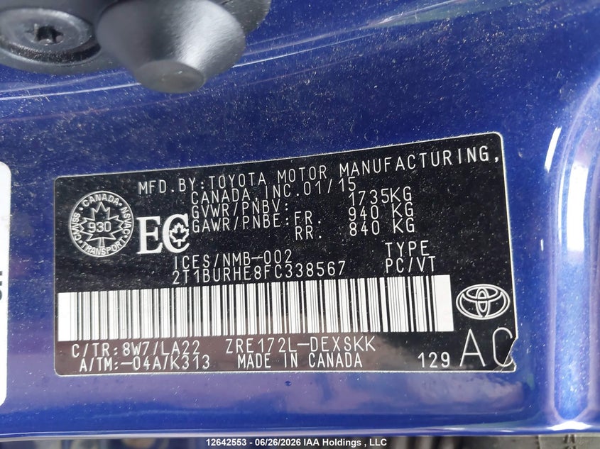 2015 TOYOTA COROLLA SEDAN 1.8L I-4 DOHC, VVT, 132HP