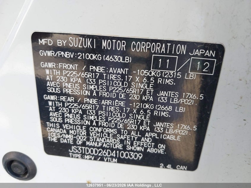 2013 Suzuki Grand Vitara Jx VIN: JS3TD0D26D4100309 Lot: 12637951X
