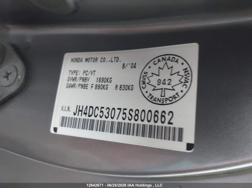 2005 Acura Rsx VIN: JH4DC53075S800662 Lot: 12642671