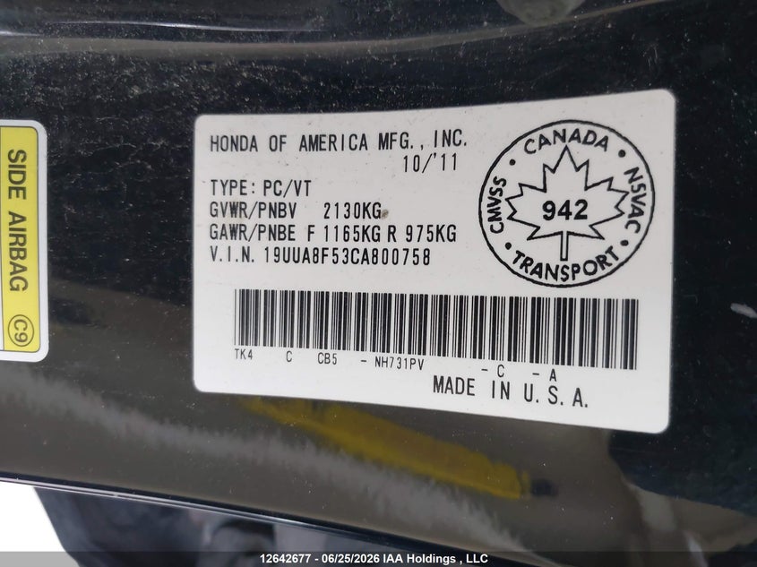 2012 ACURA TL SEDAN 3.5L V-6 VVT, 280HP