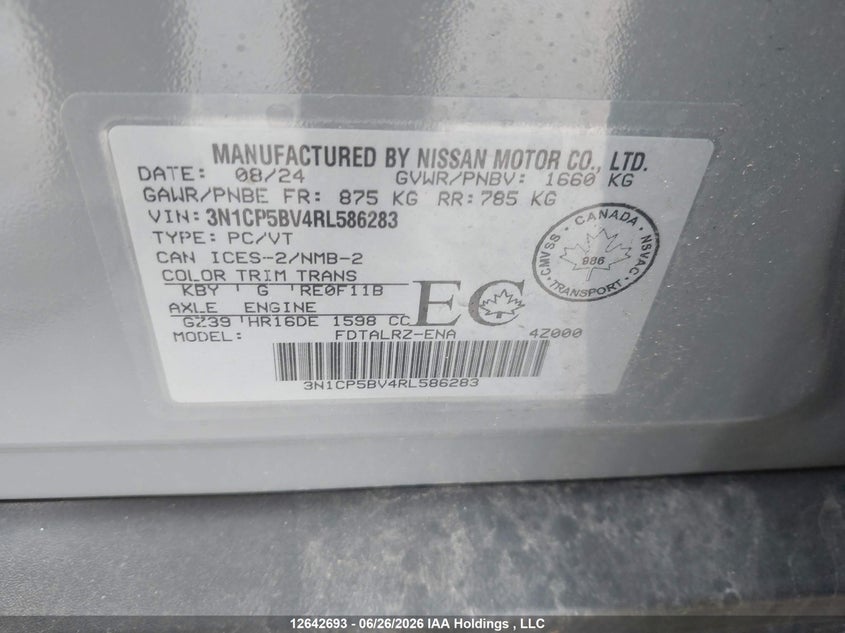 2024 Nissan Kicks S VIN: 3N1CP5BV4RL586283 Lot: 12642693