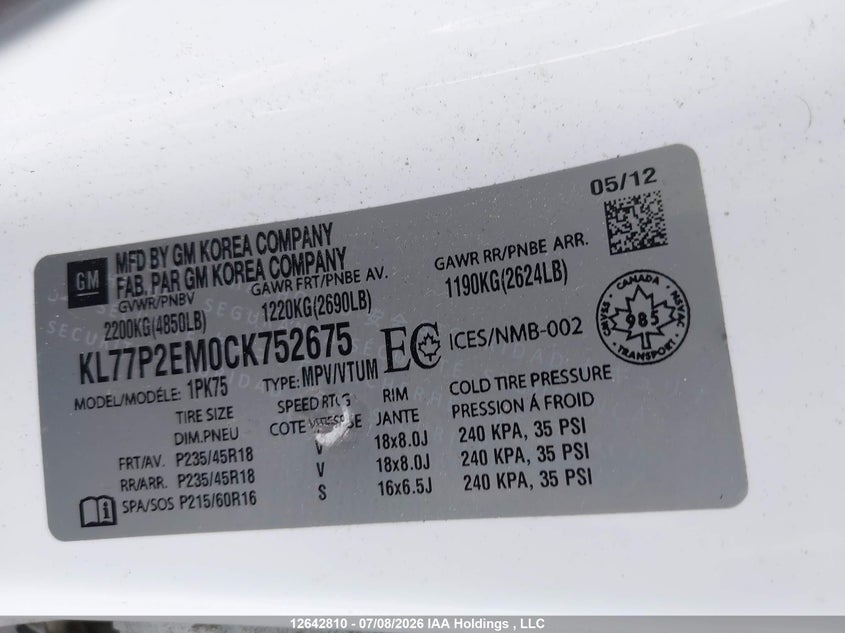 2012 CHEVROLET ORLANDO SPORT UTILITY VEHICLE 2.4L I4 FI DOHC 16V NF4