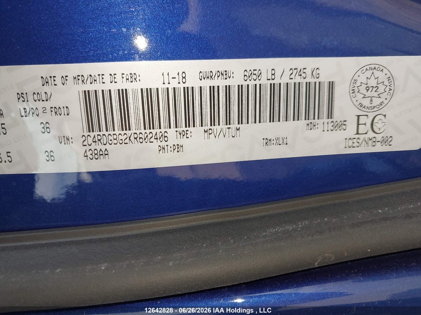 2019 Dodge Grand Caravan Cvp/Sxt VIN: 2C4RDGBG2KR602406 Lot: 12642828