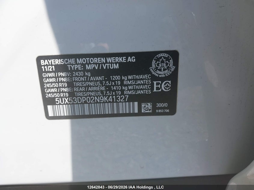 2022 BMW X3 SPORT UTILITY VEHICLE 2.0L I-4 DI, DOHC, VVT, TURBO, 248HP