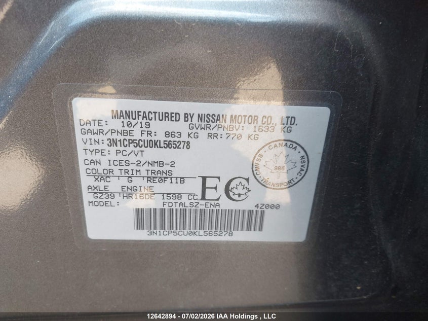 2019 Nissan Kicks VIN: 3N1CP5CU0KL565278 Lot: 12642894