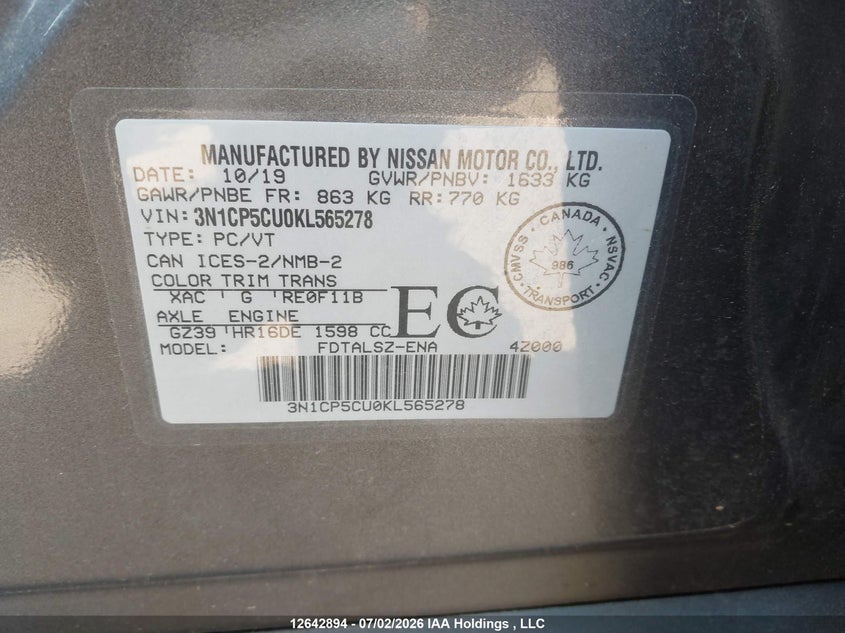 2019 Nissan Kicks VIN: 3N1CP5CU0KL565278 Lot: 12642894