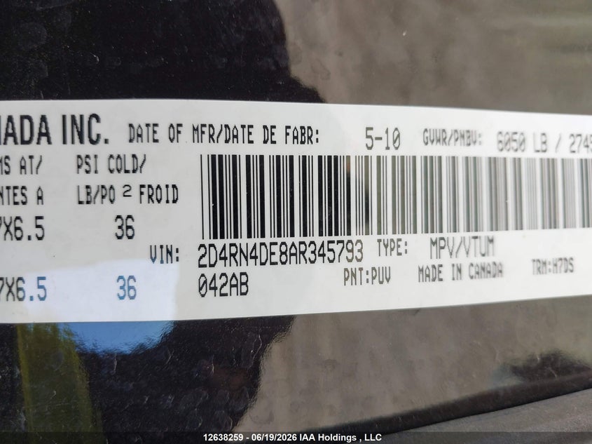 2010 DODGE GRAND CARAVAN SE VAN 3.3L V-6 175HP