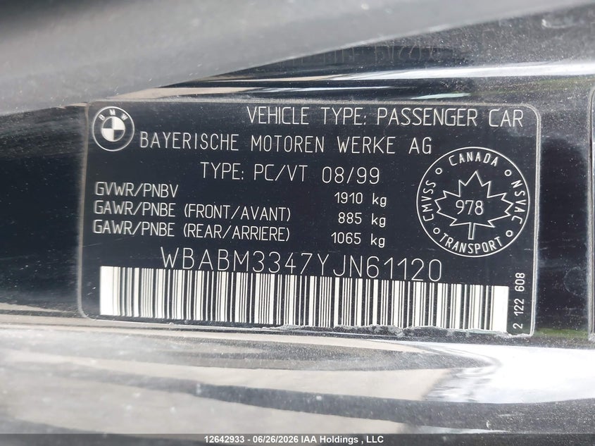 2000 BMW 3ER COUPE 2.5L I-6 DOHC, VVT, 170HP