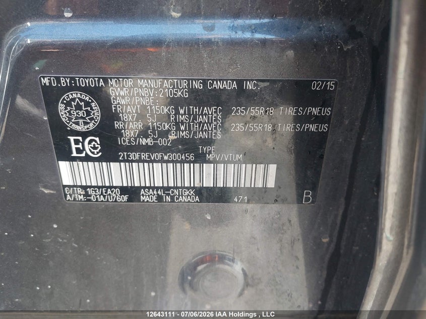 2015 TOYOTA RAV 4 SPORT UTILITY VEHICLE 2.5L I-4 DOHC, VVT, 176HP