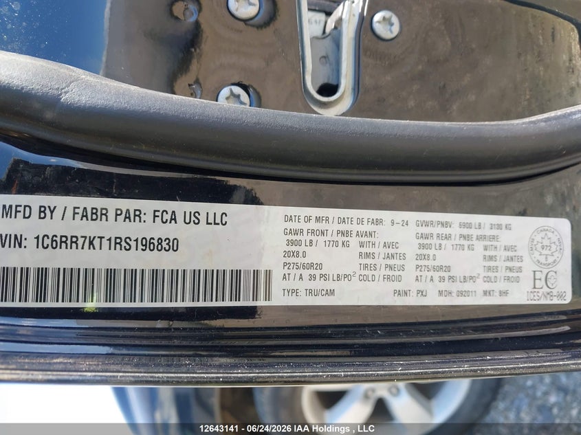 2024 Ram 1500 Classic Tradesman VIN: 1C6RR7KT1RS196830 Lot: 12643141