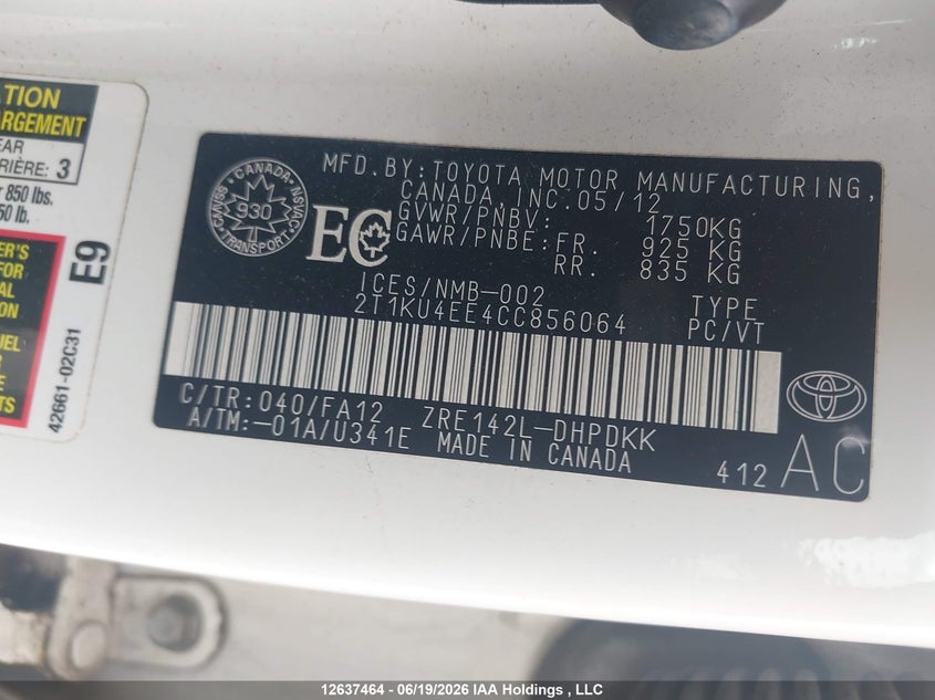 2012 Toyota Matrix VIN: 2T1KU4EE4CC856064 Lot: 12637464X
