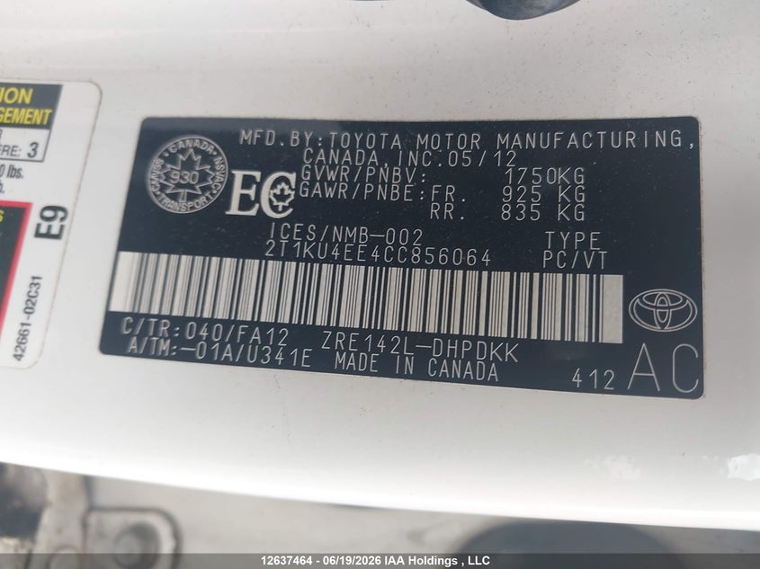 2012 Toyota Matrix VIN: 2T1KU4EE4CC856064 Lot: 12637464X