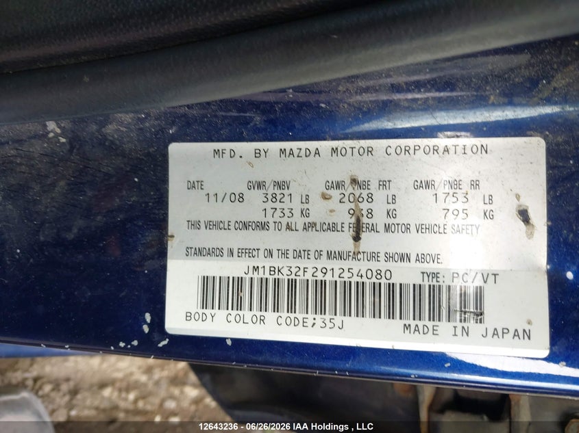 2009 Mazda 3 I VIN: JM1BK32F291254080 Lot: 12643236