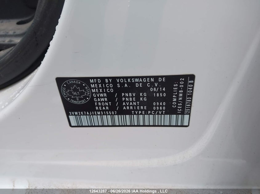 2014 Volkswagen Jetta VIN: 3VW2K7AJ1EM315507 Lot: 12643287